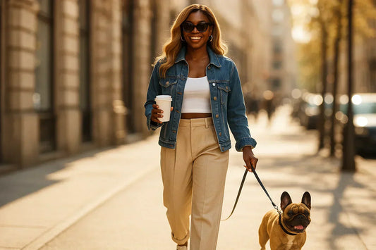 Dark-skinned woman walking with her French Bulldog in the city, wearing a honey blonde wig, oversized sunglasses, and a confident smile – Elxari Bold Color Wig 2025