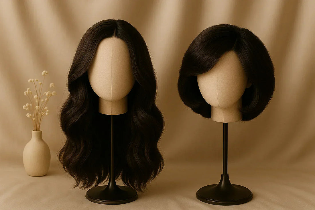 Side-by-side comparison of a natural human hair wig and a synthetic wig on mannequin heads, showing texture, shine, and lace detail
