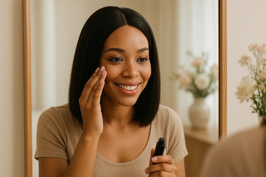 A smiling Black woman adjusting her lace front human hair wig in front of a mirror. Natural lighting highlights the realistic hairline and healthy edges.