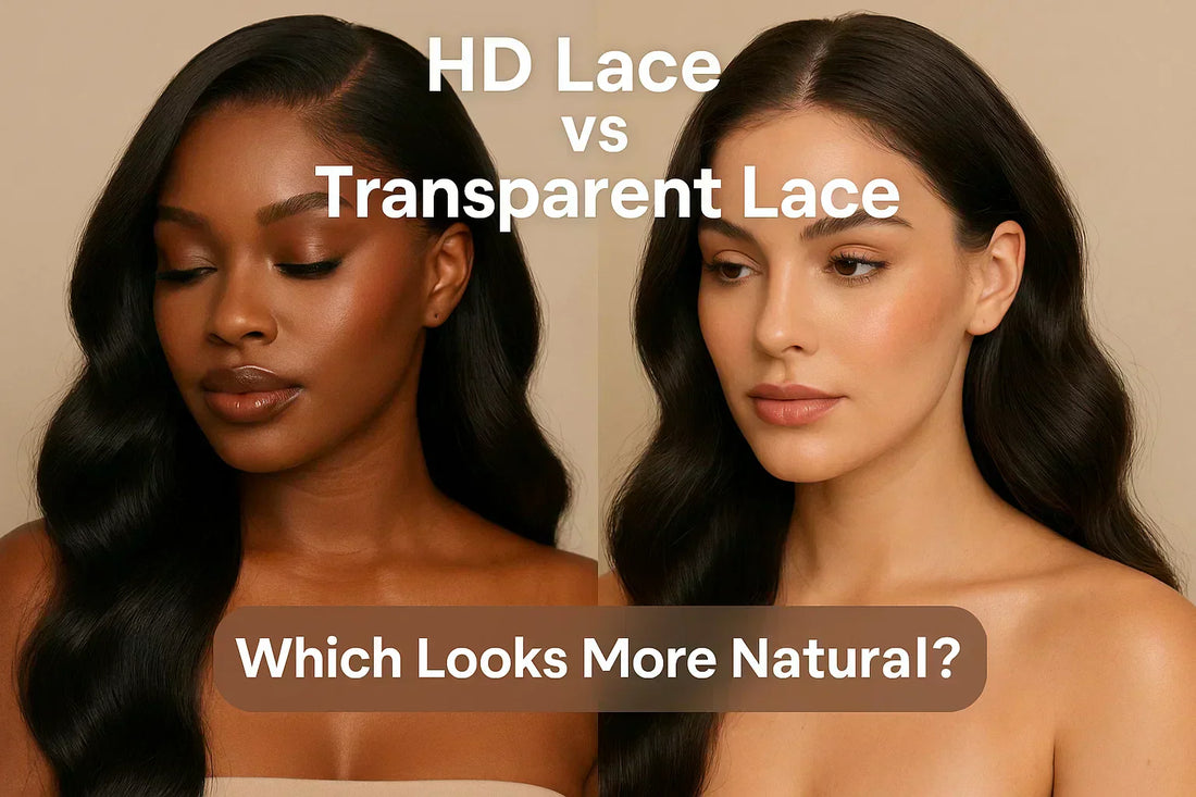 HD Lace vs Transparent Lace wigs side by side – close-up of two women with sleek long black wavy wigs on a beige background, showing realistic hairline difference