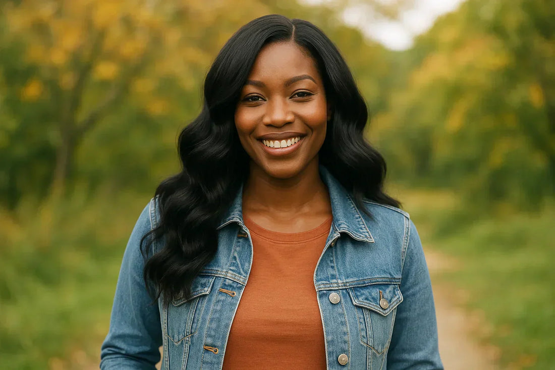 Smiling Black woman aged 30 wearing a stylish body wave wig, showcasing elegance and confidence in a natural outdoor
