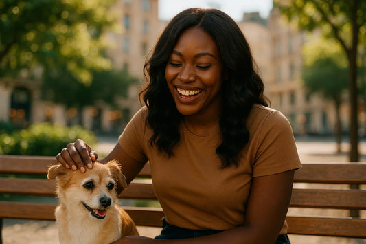 Smiling Black woman with glowing brown skin, wearing a medium-length body wave wig, sitting on a park bench on a sunny day, gently petting her small dog beside her, casual and joyful lifestyle scene