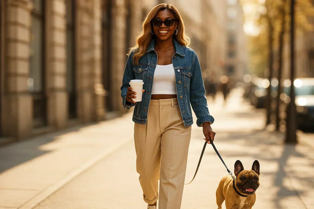Dark-skinned woman walking with her French Bulldog in the city, wearing a honey blonde wig, oversized sunglasses, and a confident smile – Elxari Bold Color Wig 2025