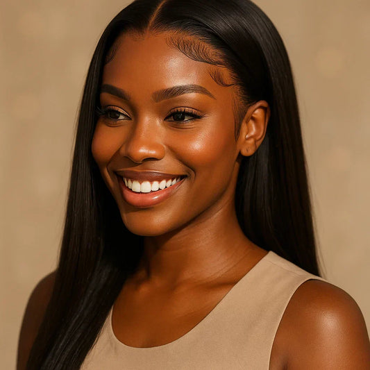 A confident Black woman adjusting her HD lace human hair wig, showing a seamless hairline and baby hairs for a natural look